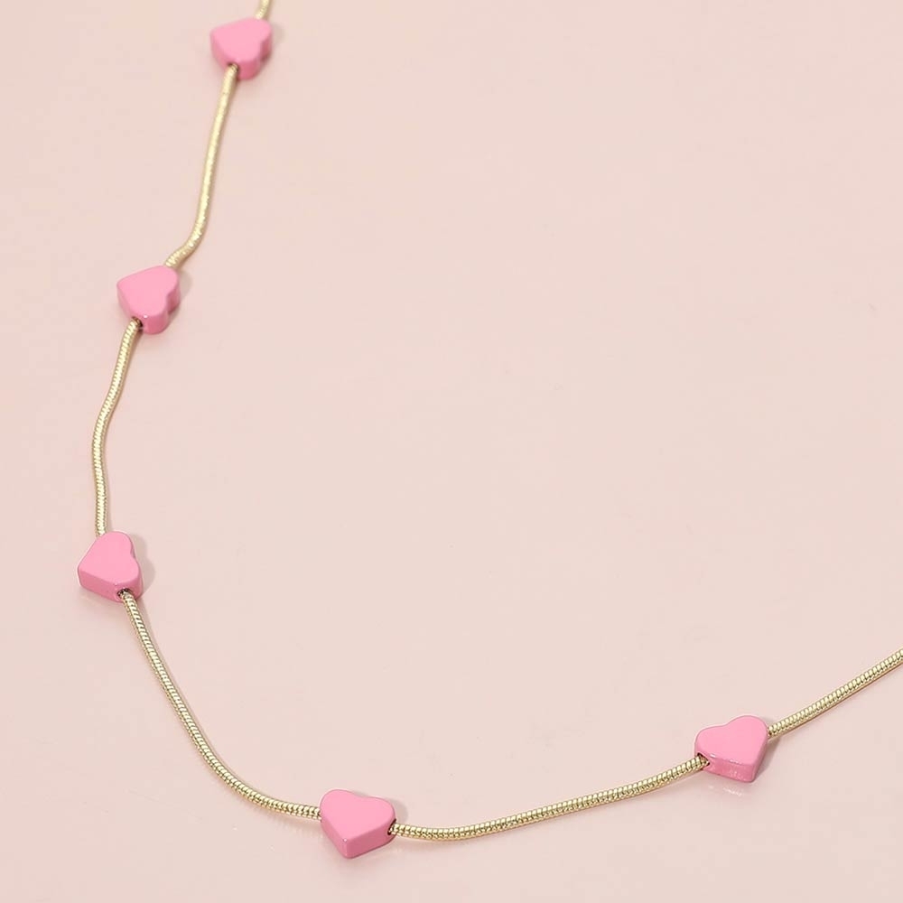 Pink Flat Heart Chain Pendant Necklace Charm Station Jewelry Gold